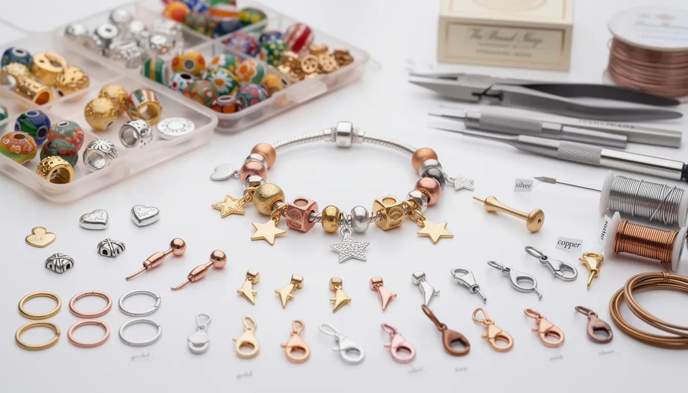 A beautifully crafted charm bracelet featuring a combination of sterling silver and gold materials, adorned with a variety of colorful beads and unique charms. This piece showcases a perfect blend of elegance and durability, making it an ideal accessory for special occasions or as a thoughtful gift.