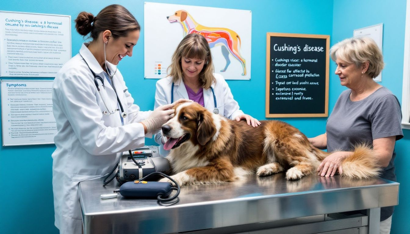 A veterinarian conducting a physical examination on a dog suspected of having Cushing's disease.