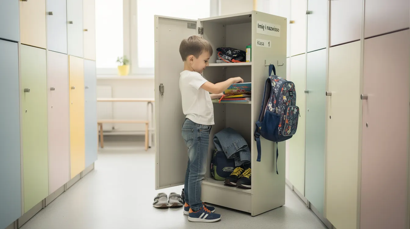 Dziecko w szkolnej szatni samodzielnie organizuje swoje rzeczy w szafce, co wspiera rozwijanie umiejętności społecznych oraz zdolności manualnych. W tej sytuacji maluch uczy się także koordynacji ruchowej i organizacji przestrzeni w codziennym życiu.