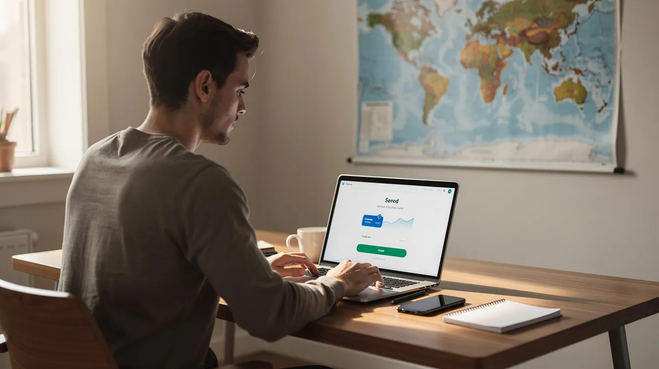 A young man is seated at a desk using a laptop to send money online, with a world map displayed on the wall behind him. This scene reflects the theme of social protection and financial support, reminiscent of initiatives like the Benazir Income Support Programme in Pakistan.