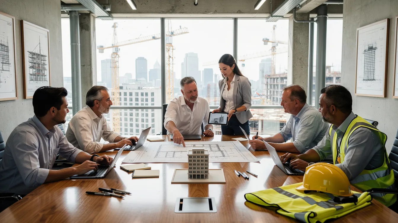 A diverse team of professionals is gathered around a conference table in a construction company office, discussing important aspects of prevailing wage compliance and regulations related to public works projects. The atmosphere is collaborative as they review details on wage rates and labor law compliance to ensure adherence to the Pennsylvania prevailing wage act.