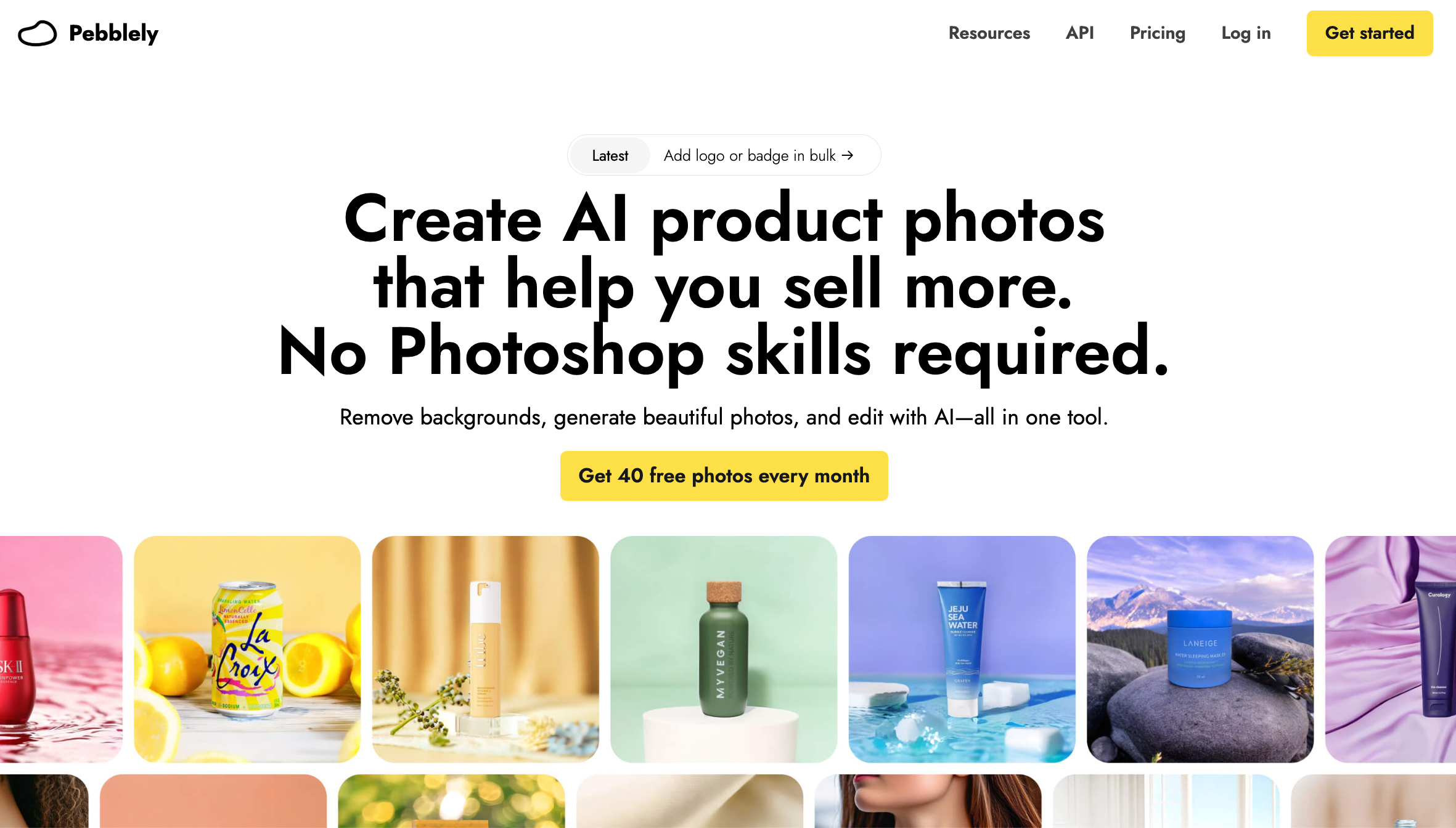 Pebblely AI homepage showing tagline “No Photoshop skills required” with colorful product photo examples and a 40 free photos/month .