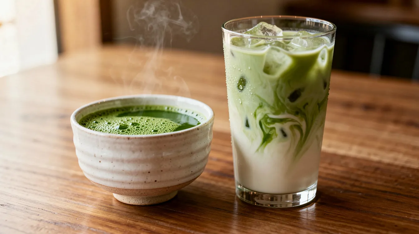 Ciepła matcha w ceramicznej czarce oraz zielony napój z matchą na zimno w wysokiej szklance.