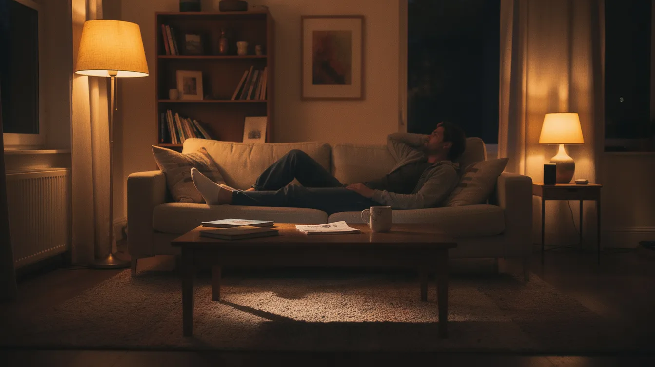 A person is comfortably relaxing on a couch in a dimly lit living room, illuminated by warm ambient lighting, creating a cozy evening atmosphere. The scene evokes a sense of deep relaxation, perfect for unwinding after a long day, much like the soothing effects of a well-established cannabis strain.