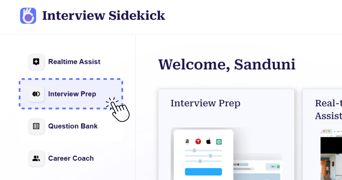 inside Interview Sidekick's homepage hovering over Interview Prep