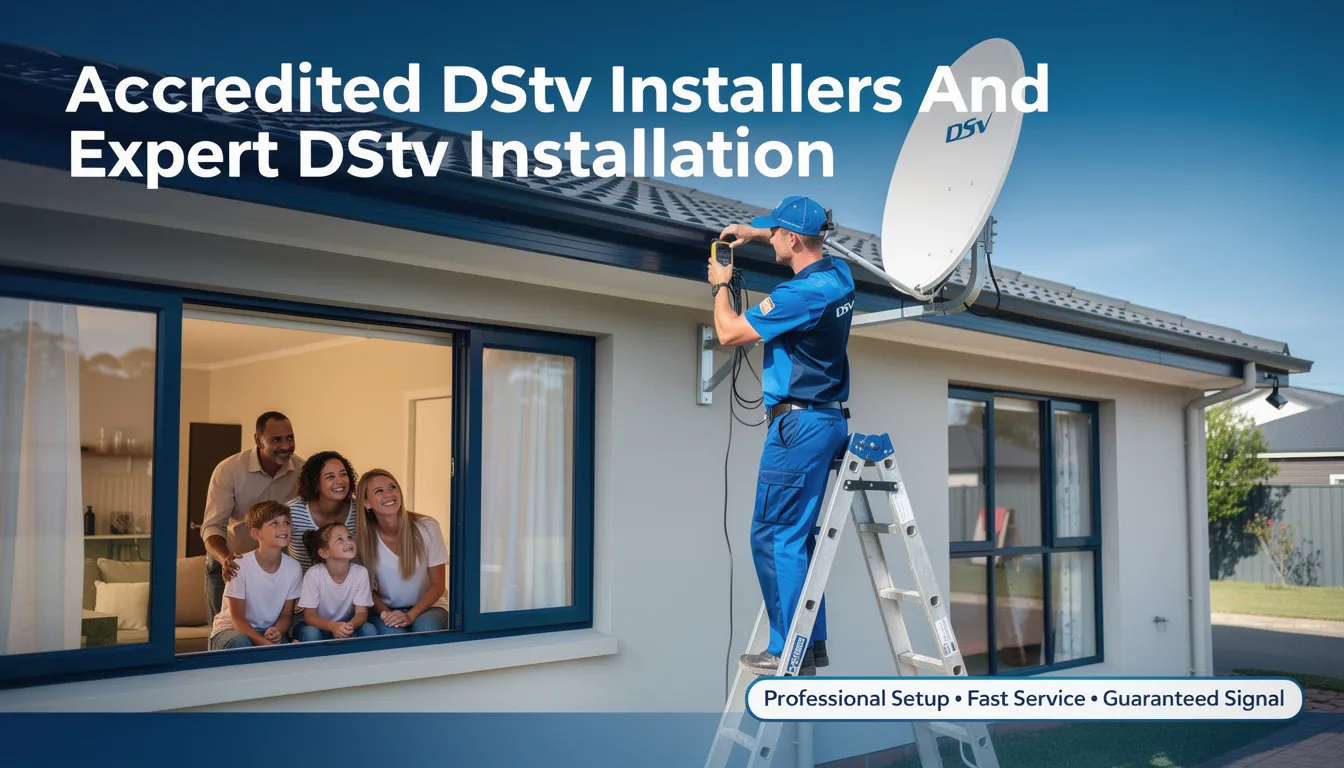 The image depicts a team of accredited DStv installers in Velddrif, showcasing their professional DStv installation services. They are seen setting up a satellite dish and configuring a DStv decoder, ensuring high-quality signal reception for uninterrupted entertainment.