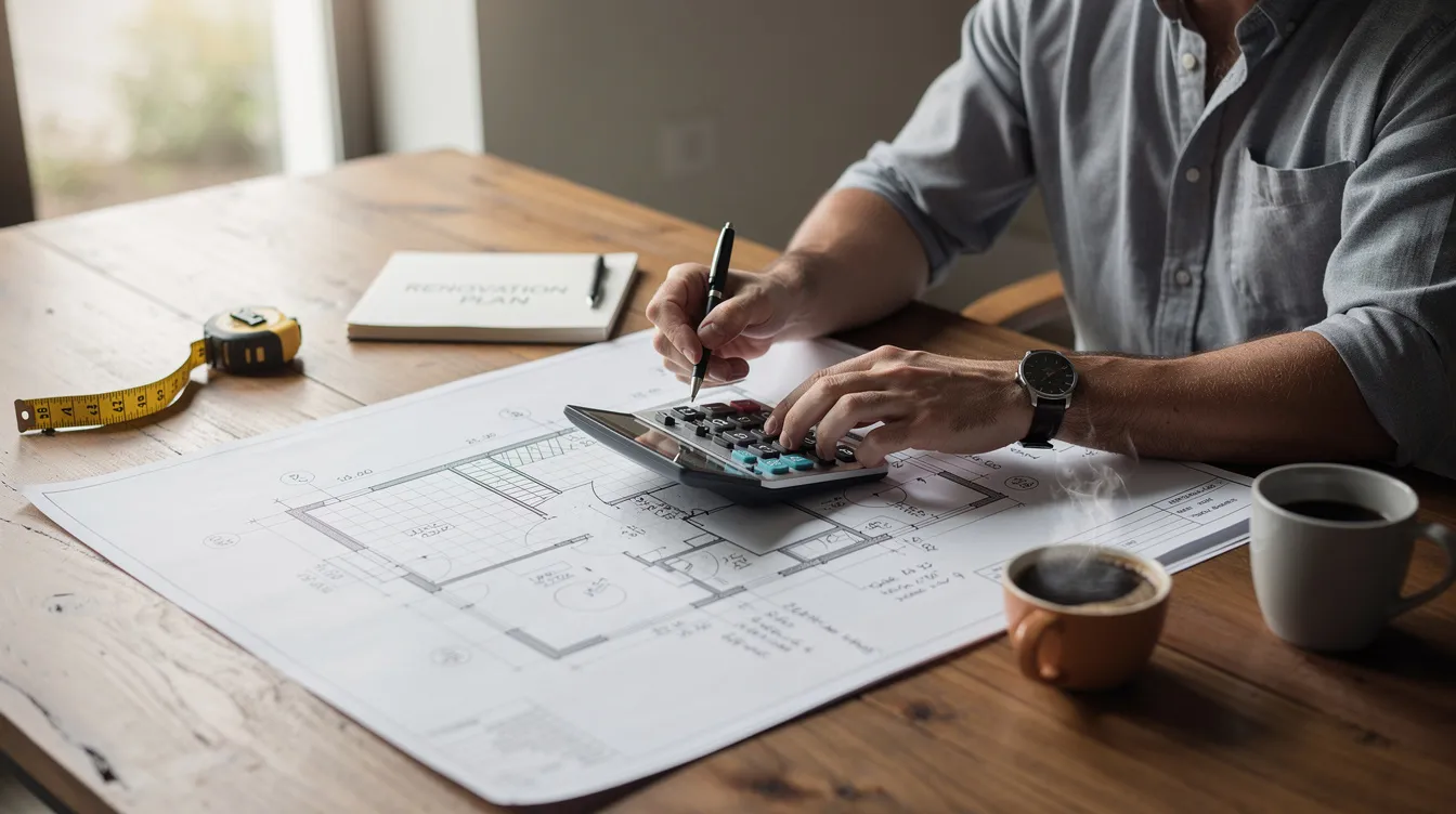 A person is intently using a calculator while reviewing detailed renovation blueprints spread out on a table, possibly planning for their next investment property. The scene suggests a focus on financial calculations related to home equity and potential rental income.