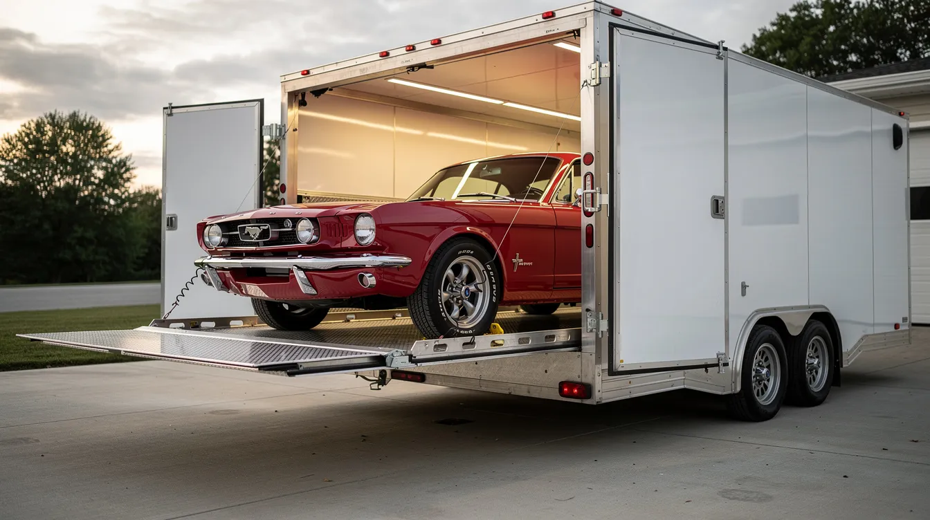 An enclosed trailer is being loaded with a classic sports car using a hydraulic liftgate, showcasing the careful handling and secure transport methods typical of reliable Missouri car shipping services. The scene emphasizes the importance of enclosed auto transport for high-value vehicles.