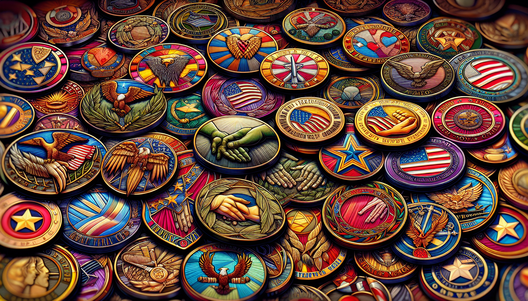 An illustration depicting various challenge coins symbolizing their significance.