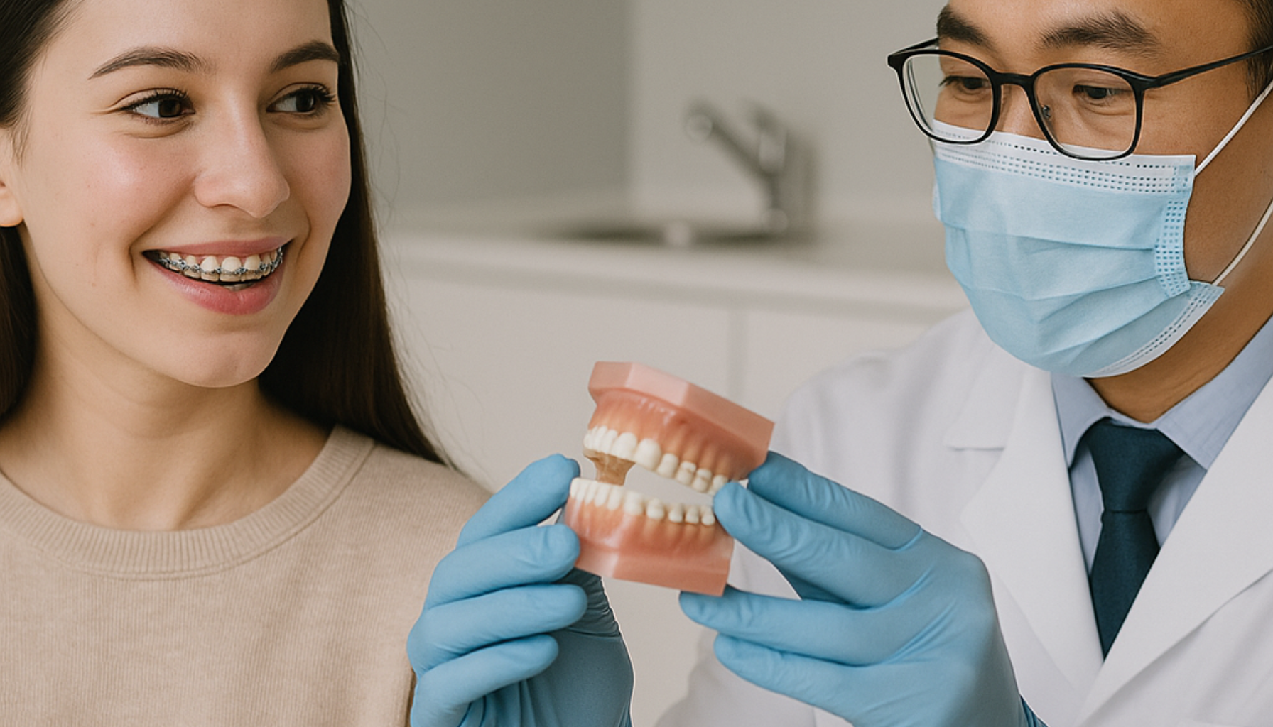 Ung kvinne med usynlig tannregulering i moderne klinikk i Oslo.