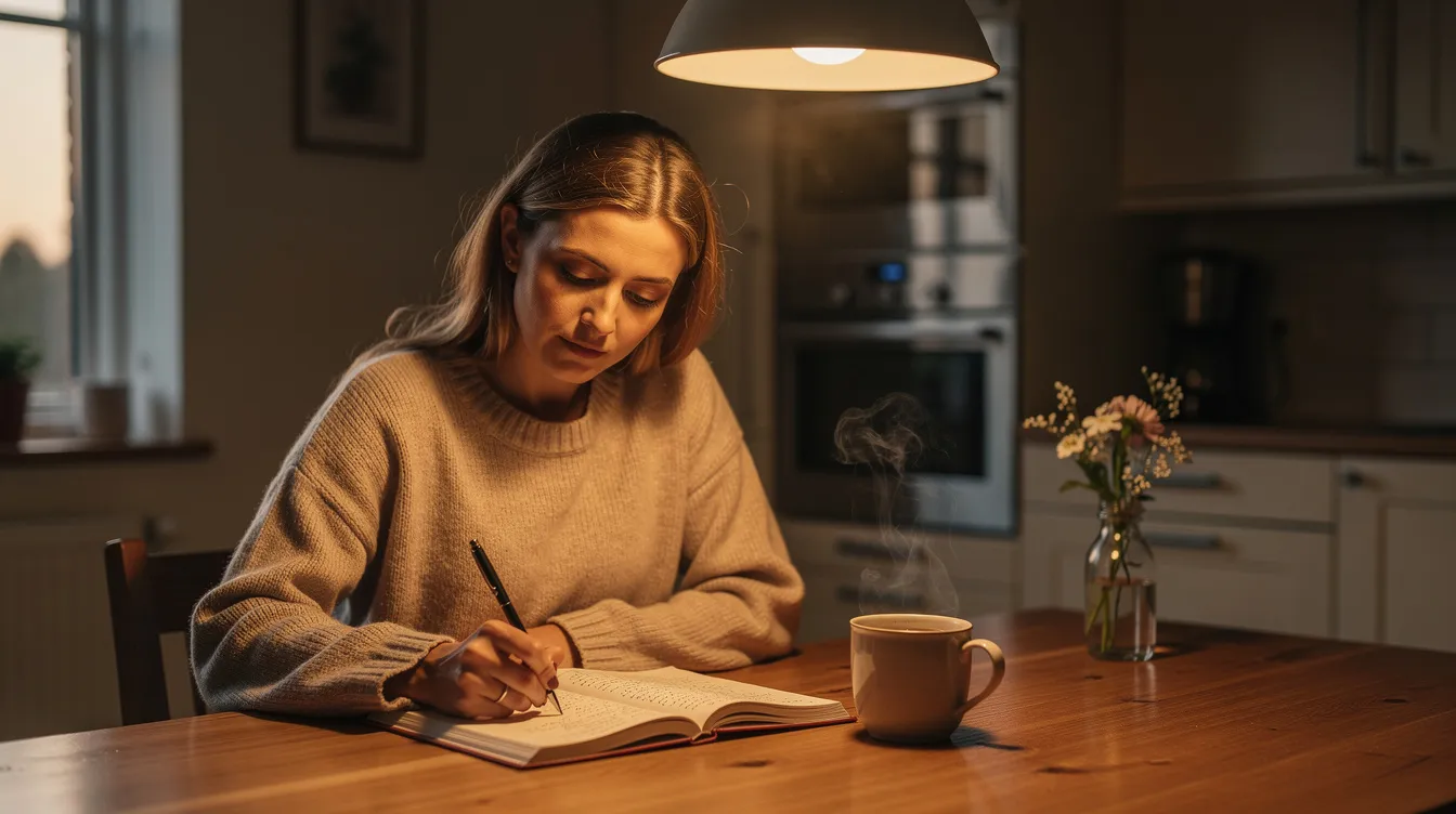 A woman sits at a kitchen table, writing in a journal under warm lighting, exuding a sense of calm focus as she reflects on her financial goals and plans for a secure financial future. This moment emphasizes the importance of financial literacy and personal finance management for overall financial well-being.