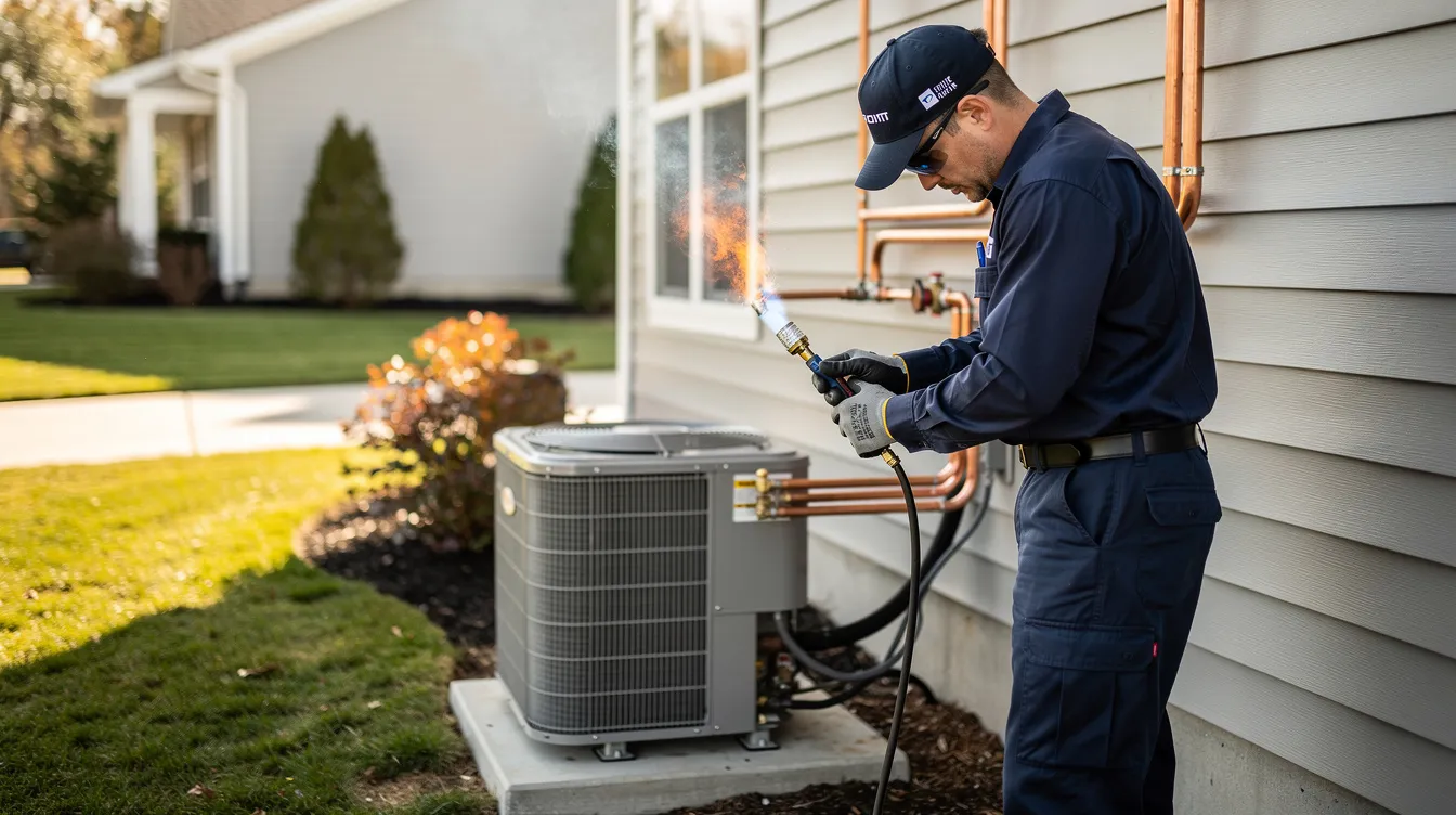 An HVAC technician in a navy shirt is skillfully brazing copper refrigerant lines on the side of a residential home, ensuring the efficient installation of a Trane air conditioning system. This process is crucial for achieving better humidity control and energy efficiency in heating and cooling systems.
