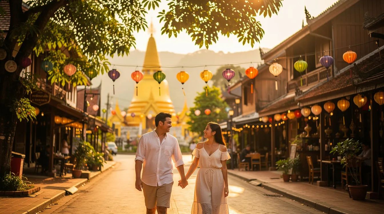 A imagem retrata um casal desfrutando de sua lua de mel em Chiang Mai, cercado por paisagens exuberantes e templos tradicionais. Eles estão relaxando em um hotel, simbolizando a experiência romântica e cultural que a cidade oferece como um dos destinos mais encantadores do mundo.