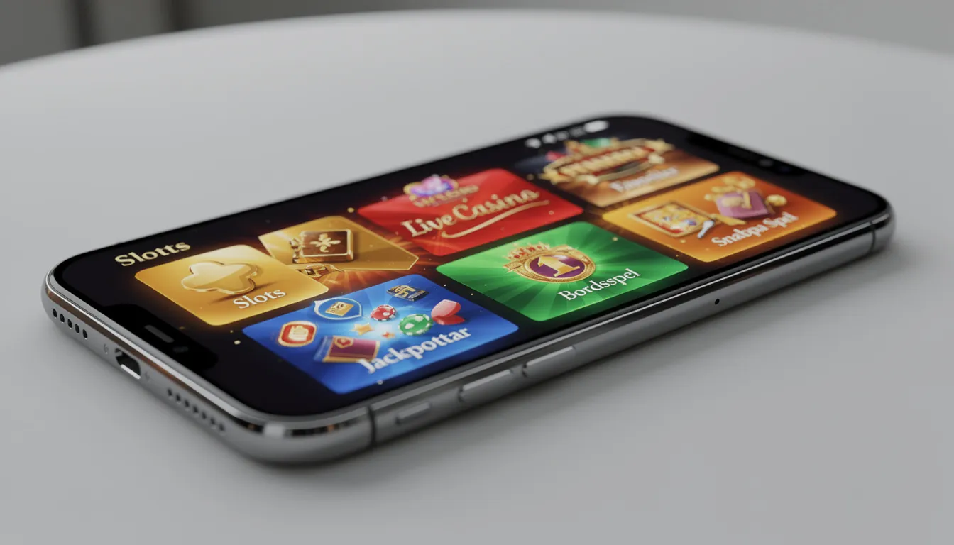En smartphone visas med ett färgglatt casinogränssnitt där olika spelkategorier är tydligt markerade, inklusive live casino och slots. Användare kan enkelt navigera för att sätta in pengar och ta del av bonusar hos Speedyspel.