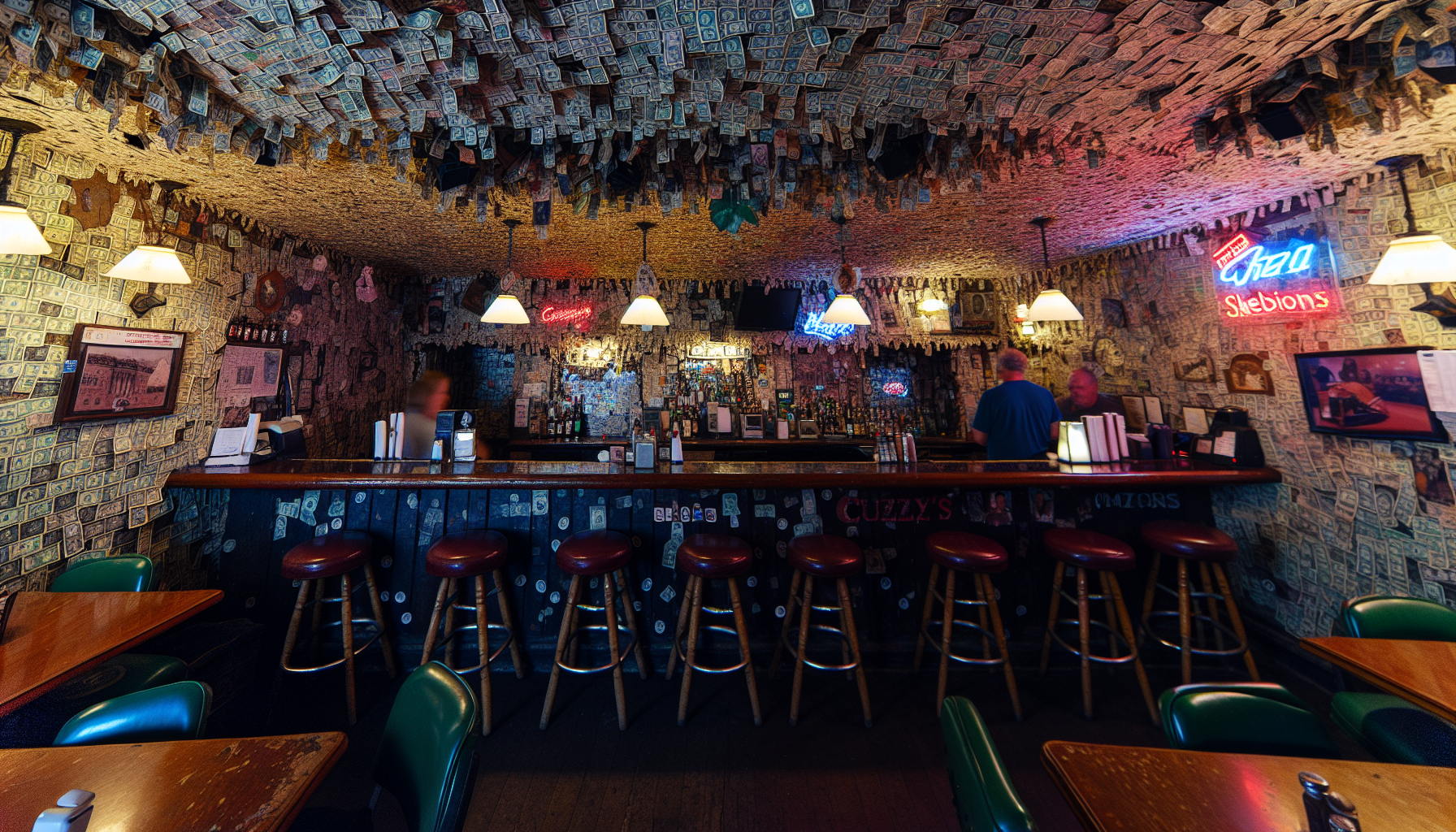 Interior of Cuzzy's with dollar bills adorning the walls and ceiling