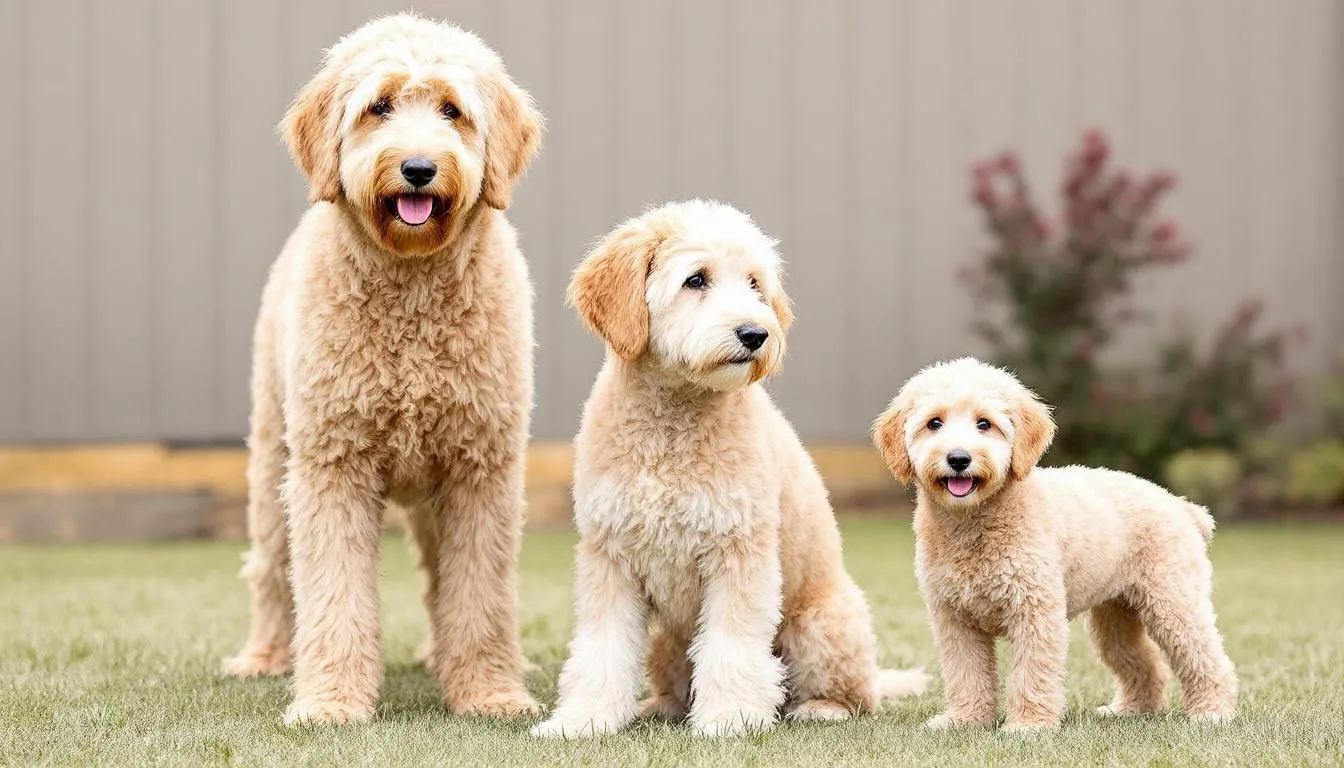 The image shows a comparison of adult Goldendoodles in three sizes: Standard, Medium, and Miniature, highlighting the differences in their stature and appearance. Each variety showcases the unique traits inherited from their parent breeds, including the golden retriever and poodle, which influence their overall size and characteristics.