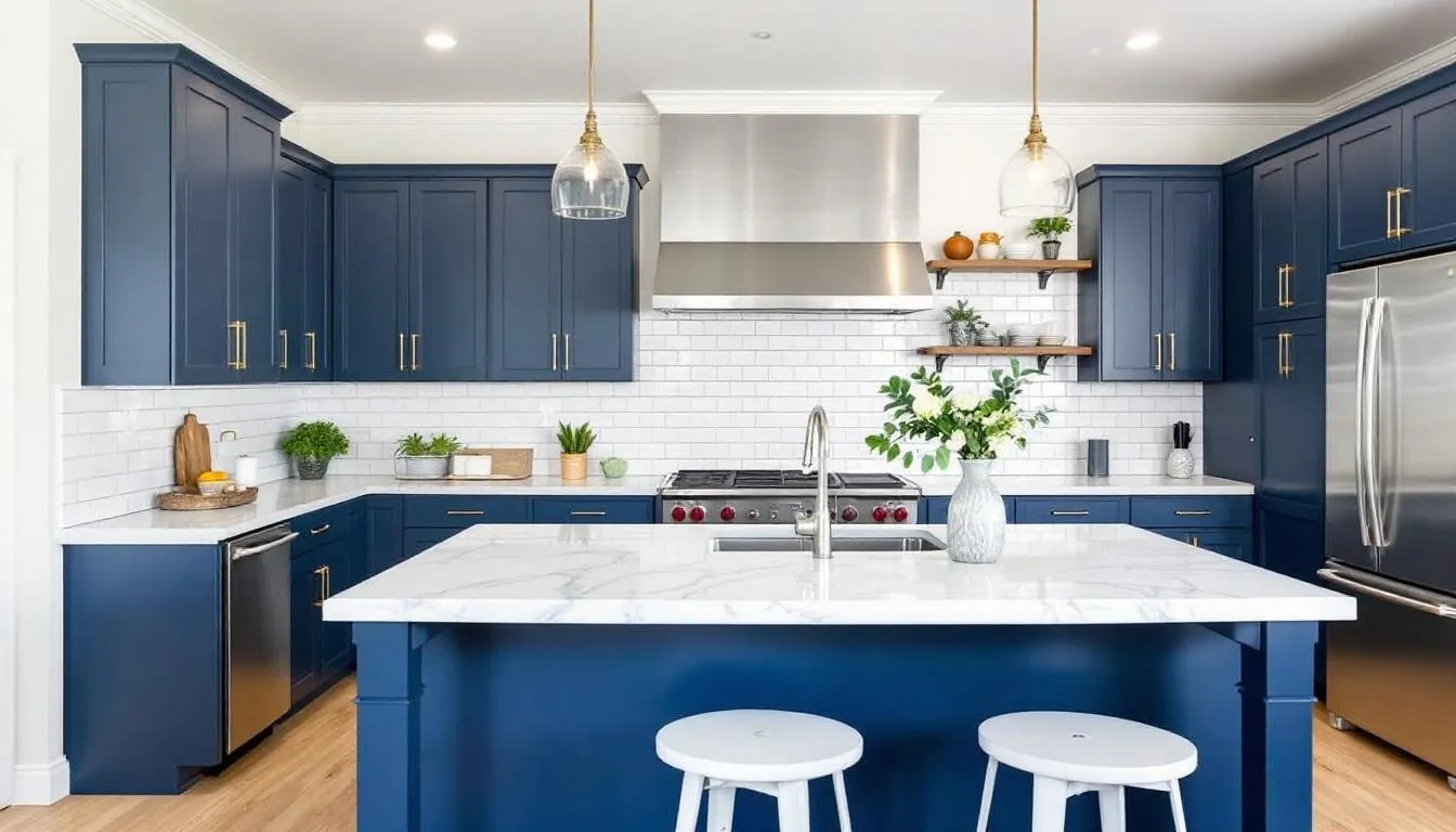 In this coastal style kitchen, deep navy blue kitchen cabinets are beautifully contrasted with a white subway tile backsplash, while natural wood flooring adds warmth to the space. The combination of rich colors and modern design elements creates a timeless and sophisticated atmosphere.