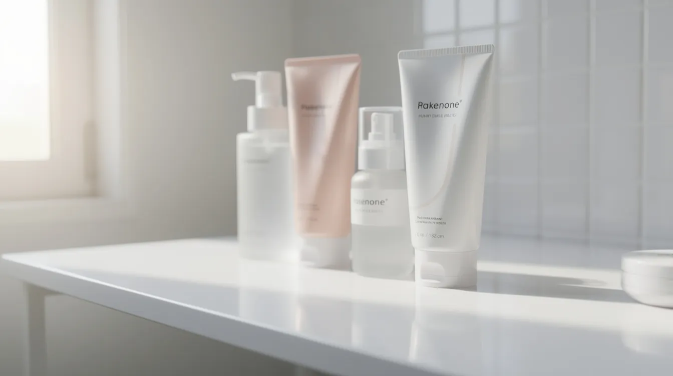 The image features a close-up view of various skincare product tubes and bottles neatly arranged on a clean bathroom shelf, showcasing items that may include treatments for melasma such as azelaic acid, kojic acid, and broad spectrum sunscreen. These products are essential for managing skin conditions and protecting against sun exposure, particularly for individuals with darker skin tones.