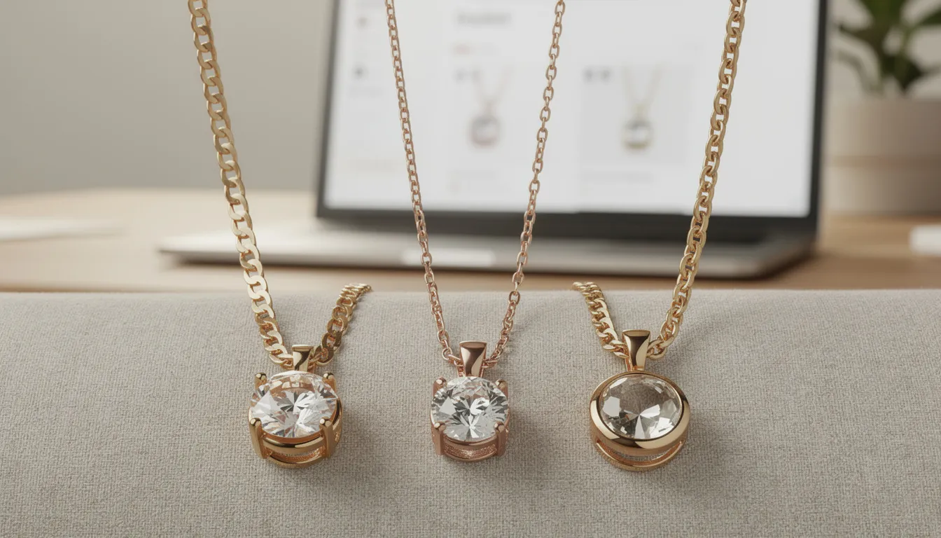 The image features a stunning collection of necklaces, showcasing various designs with elegant gold plating and intricate chain styles like curb and rolo. Each necklace is designed to light beautifully and complement the sparkling cubic zirconia stones, enhancing the overall luxurious look of the jewellery collection.
