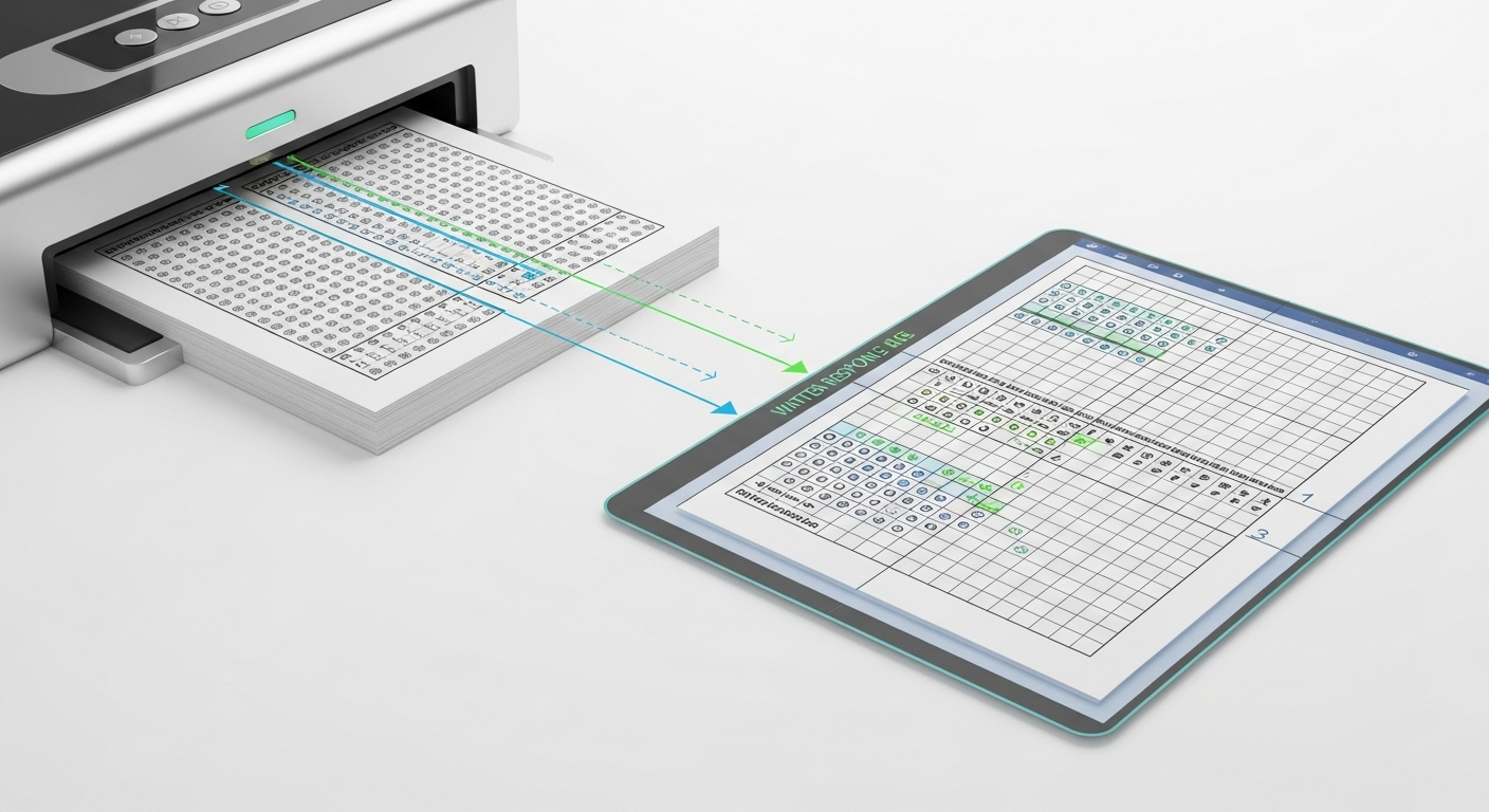 Clean academic illustration of scanned exam sheets being processed into structured, readable answer areas