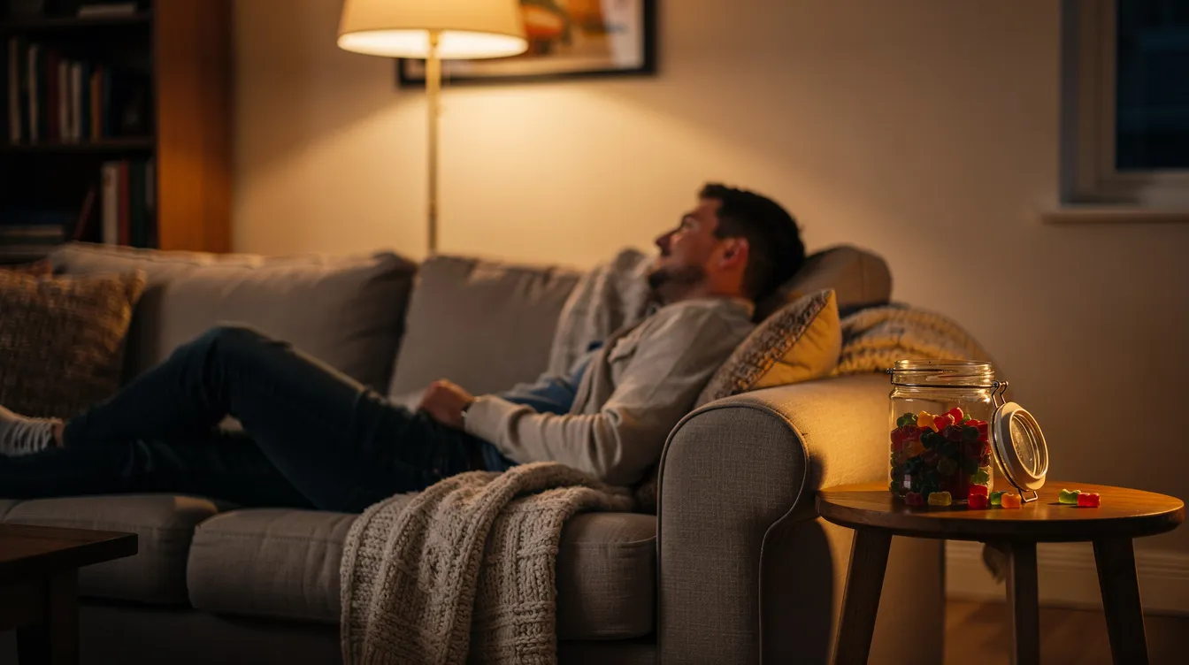 A person is comfortably relaxing on a couch bathed in warm evening light, with a small jar of colorful rosin gummies placed on a side table, suggesting a cozy atmosphere perfect for enjoying cannabis edibles. The scene evokes a sense of tranquility and pleasure, highlighting the experience of indulging in flavorful gummies.