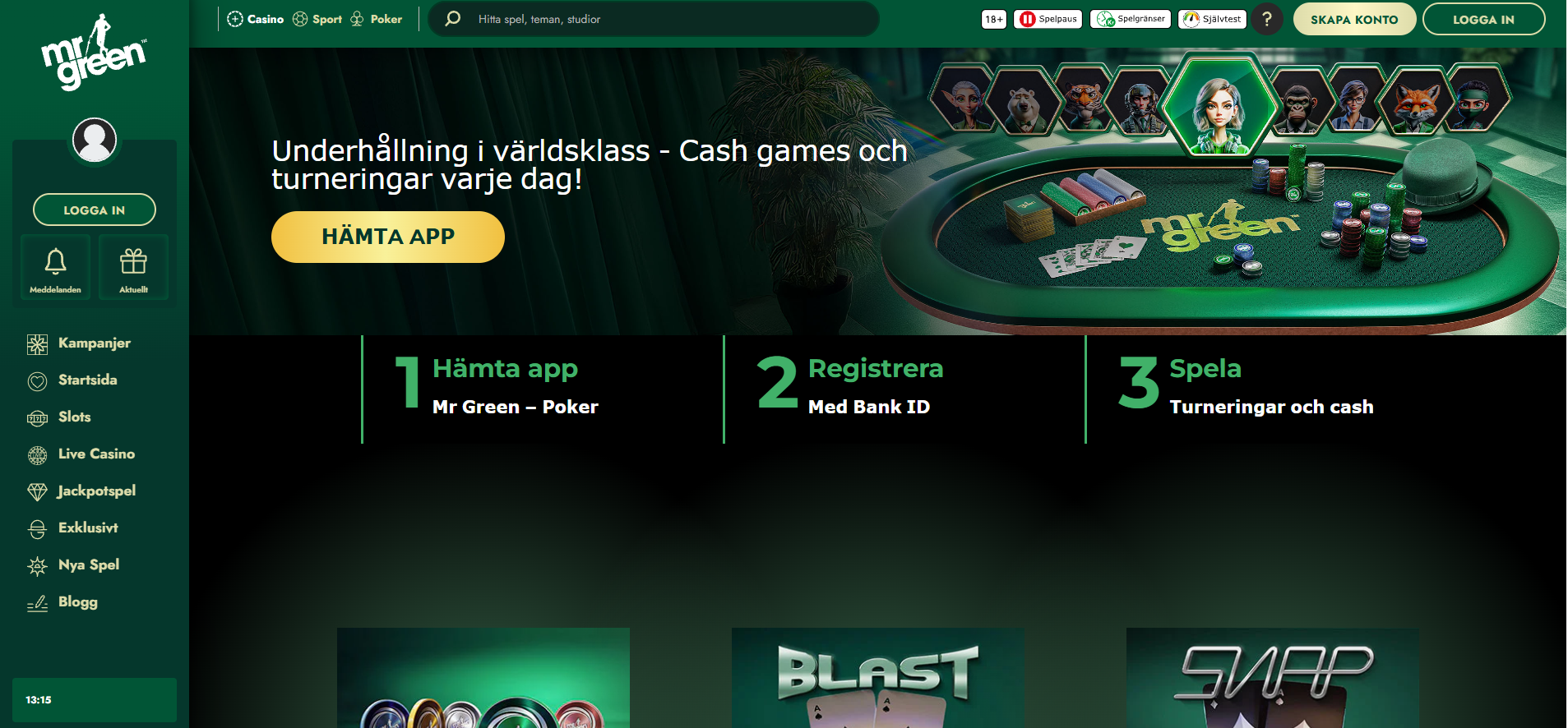 Mr Greens pokersida med cash games och turneringar.