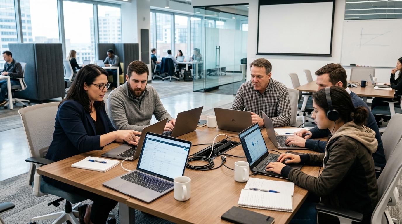 IT professionals and instructors collaboratively evaluating cloud-based virtual lab platforms on laptops in a modern training center.