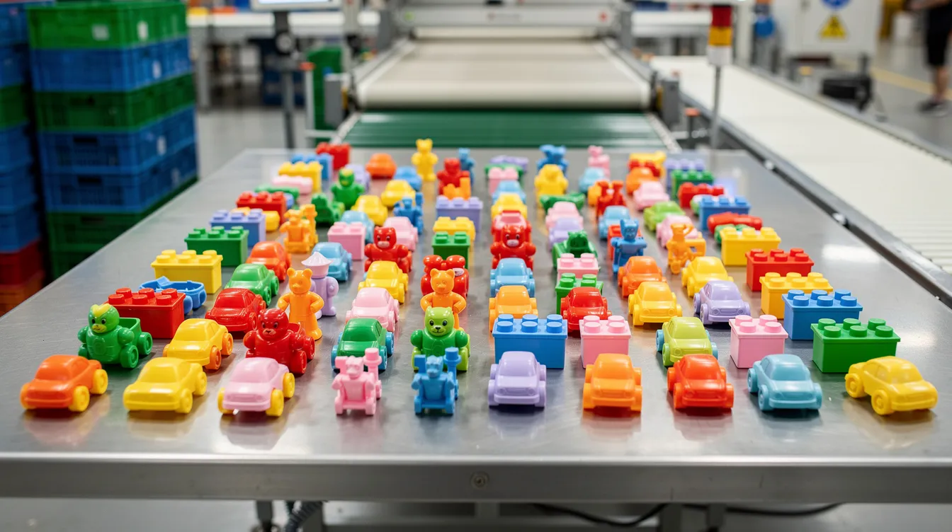 A vibrant array of colorful plastic toys is neatly arranged on a production table within a manufacturing unit, showcasing the diverse offerings of the plastic manufacturing industry. This scene highlights the importance of manufacturing plastic products, which cater to both domestic and export markets, and reflects the growing demand for consumer goods made from versatile materials.