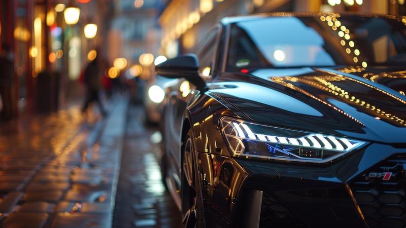  modern car parked on a city street at night with bright headlights to stay safe