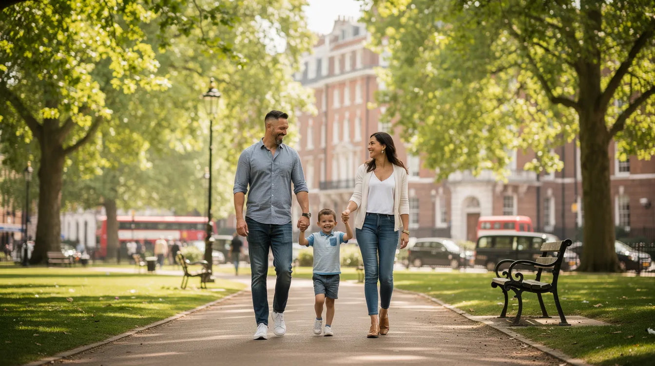 A diverse family strolls through a park in London, surrounded by tall trees and modern buildings in the background. The scene captures a moment of togetherness, reflecting the multicultural essence of life in the UK.