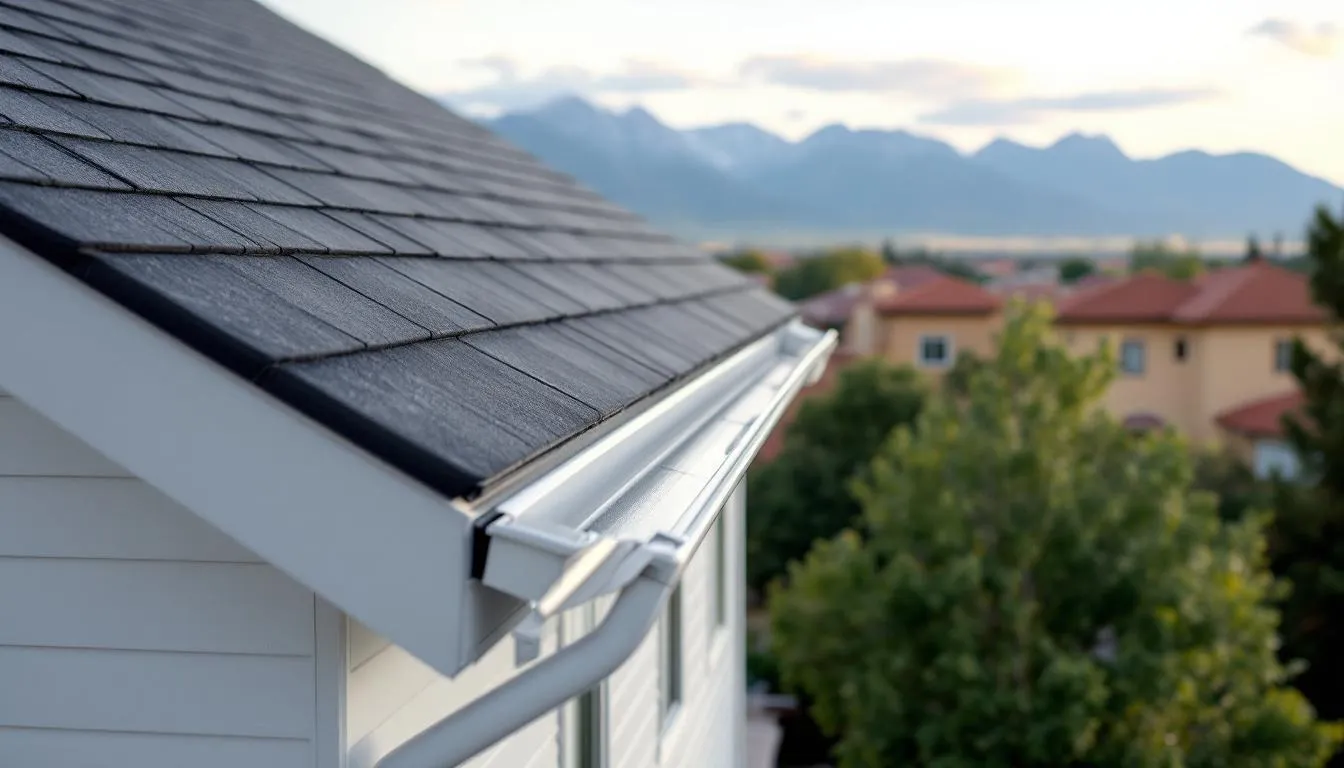 The image showcases a well-maintained gutter system on an upscale house, effectively preventing water damage with scenic Pueblo, Colorado in the background. This highlights the importance of quality craftsmanship and gutter services to protect properties from potential structural damage.