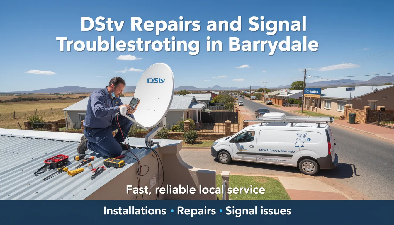 The image depicts a technician performing DStv repairs and signal troubleshooting, with a satellite dish and decoder setup visible in the background. This professional service in Barrydale ensures reliable signal quality and addresses any signal problems for local residents and businesses.