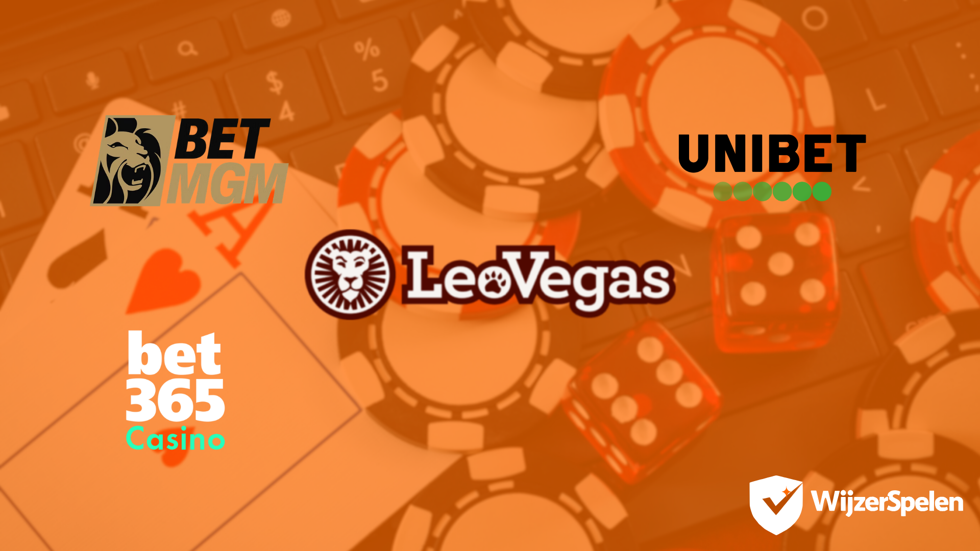Afbeelding met casinofiches, dobbelstenen en speelkaarten, gecombineerd met logo’s van BetMGM, Unibet, LeoVegas en bet365 Casino, in oranje tinten, van WijzerSpelen.
