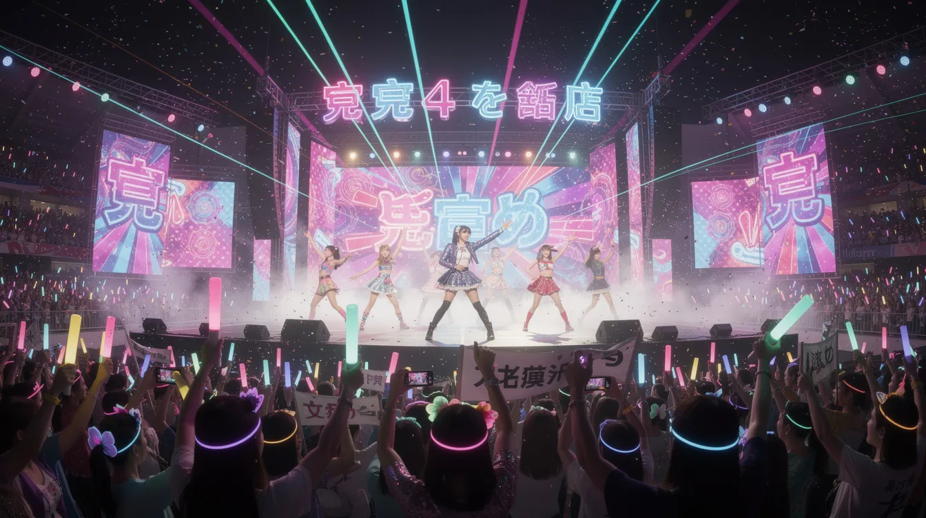 The image depicts a vibrant Japanese pop concert stage, illuminated by bright neon lights, with an enthusiastic crowd of fans enjoying the performance. The scene captures the essence of j pop music, showcasing the energy and excitement characteristic of contemporary concerts in Japan.