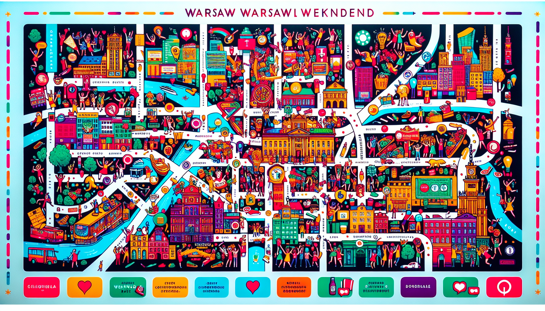 An illustrated map highlighting the attractions and activities for a stag weekend in Warsaw.