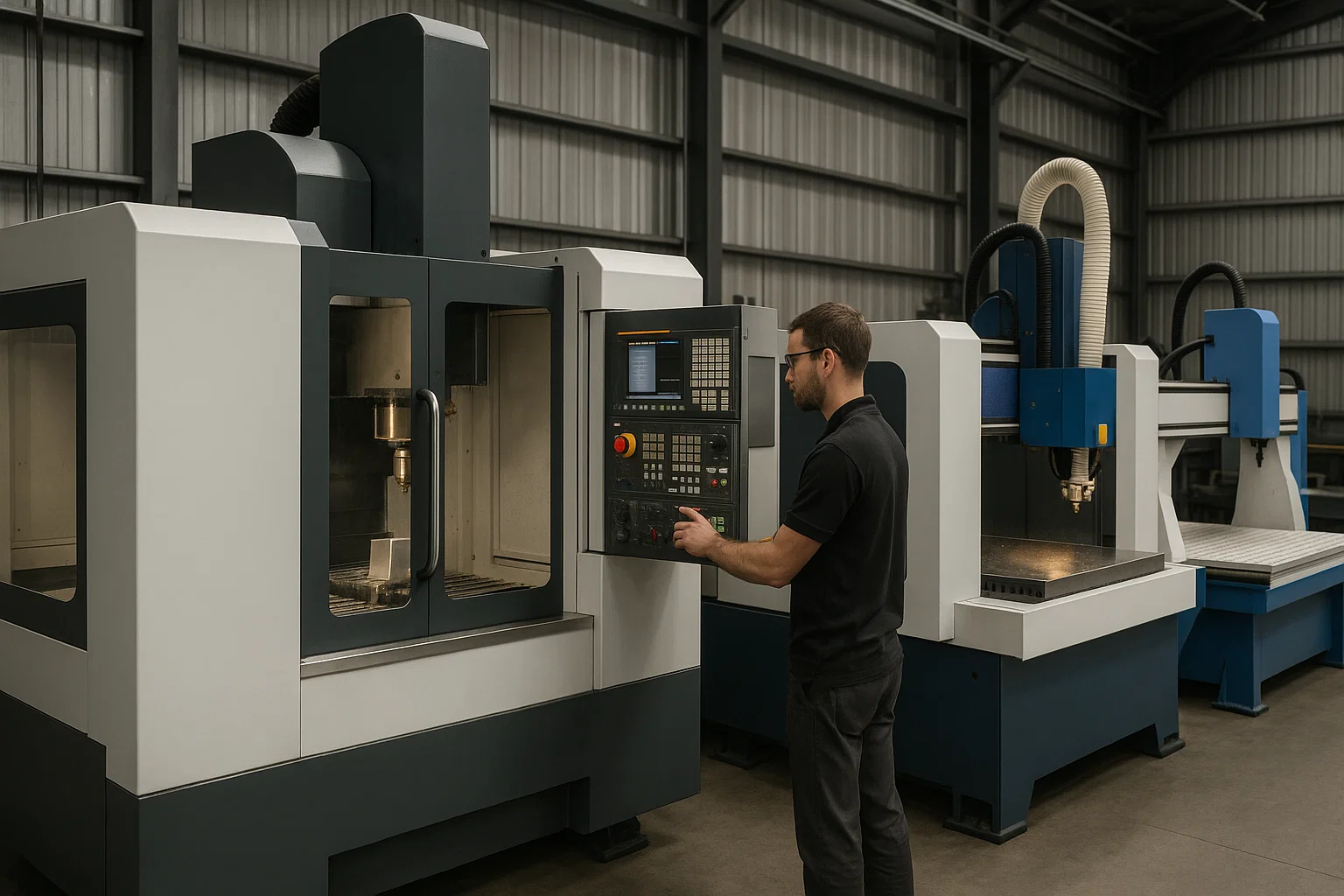 Various CNC machines including mills and laser cutters used for profiling steel components in a fabrication workshop.