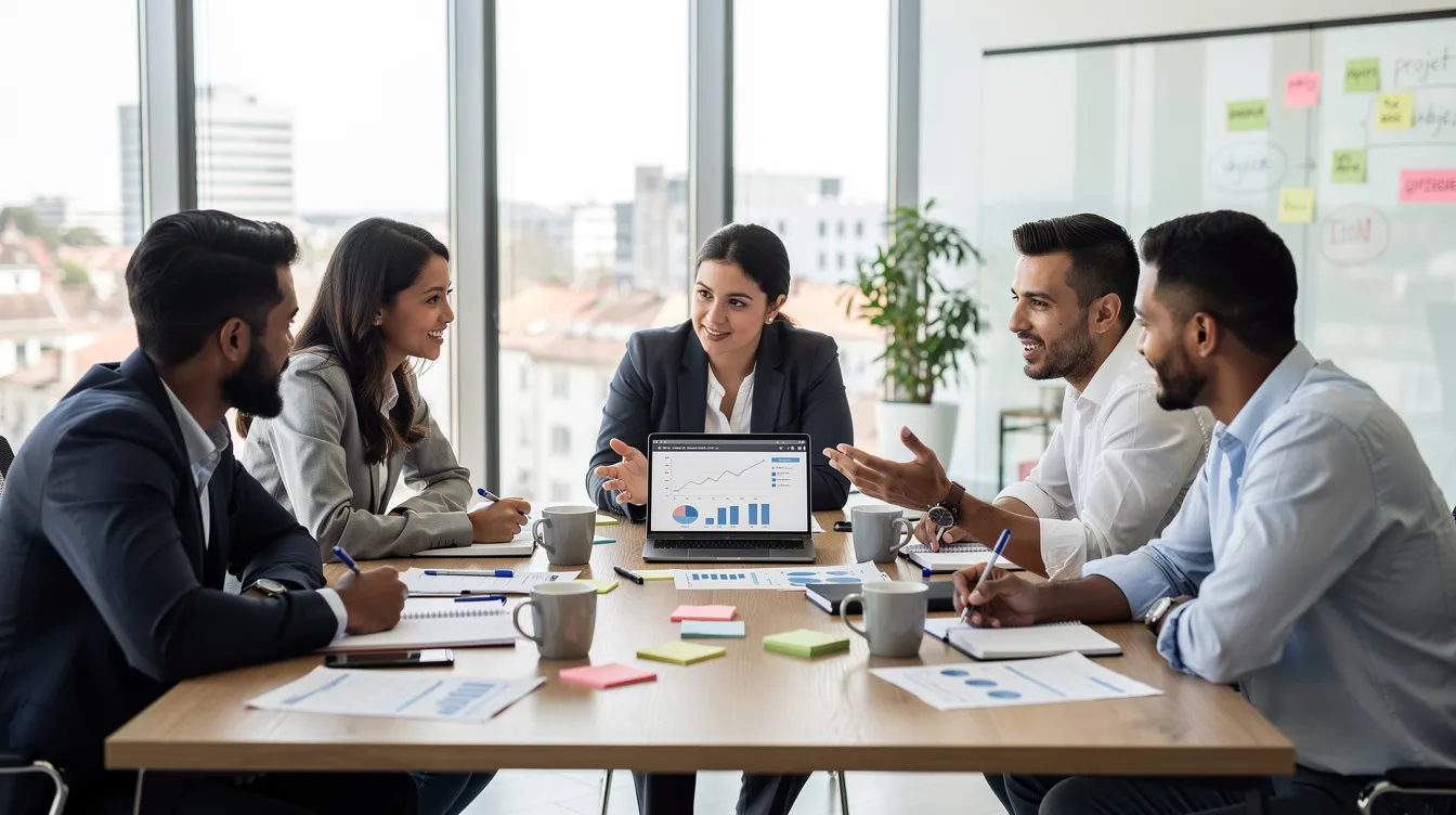 Une équipe diverse collabore autour d'une table dans un bureau moderne et lumineux, illustrant la résilience au travail face aux défis quotidiens. Cet environnement favorise le bien-être et la santé mentale des collaborateurs, tout en renforçant leur capacité à gérer le stress et à atteindre leurs objectifs.