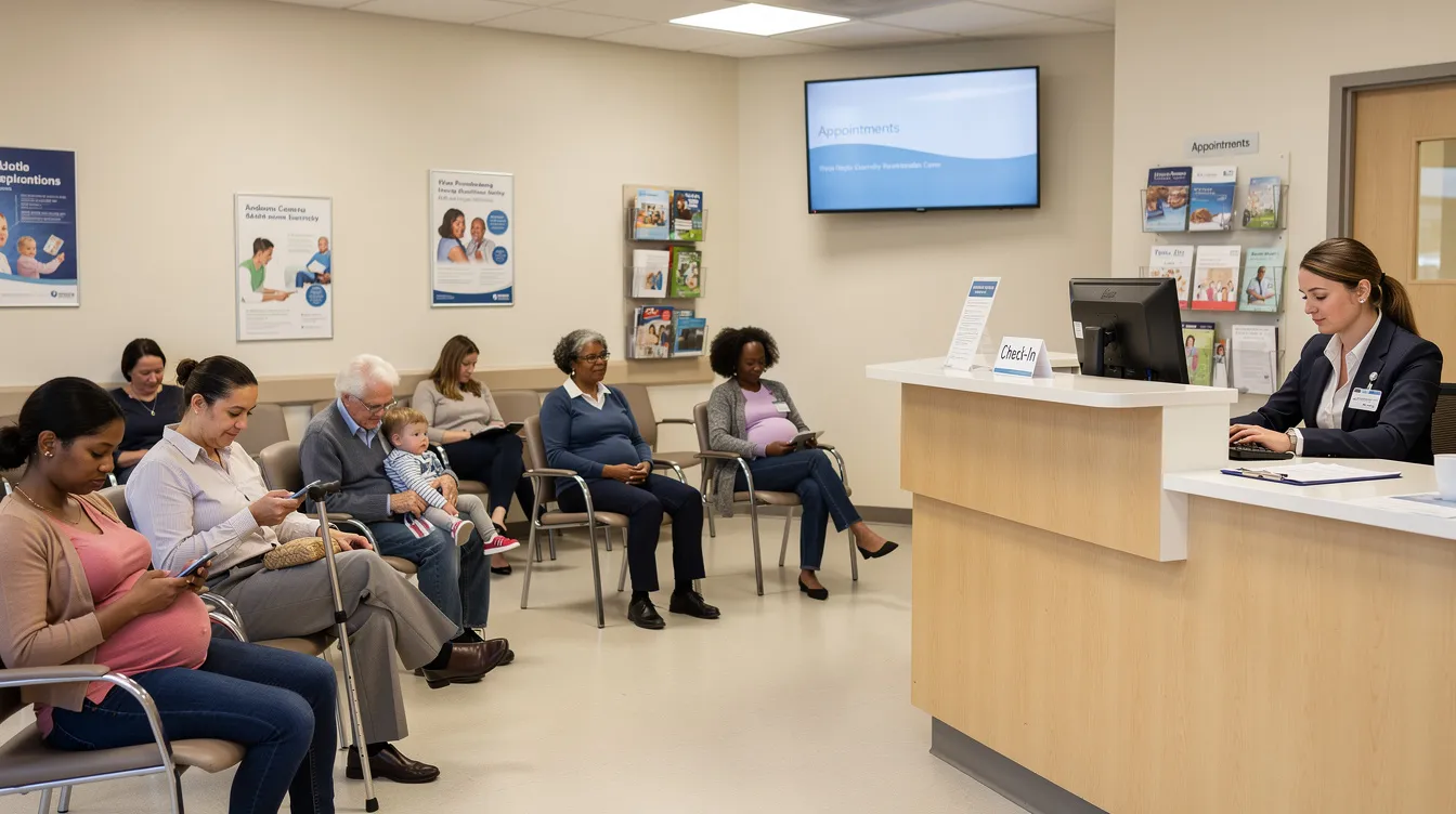 The image depicts a busy waiting room in a community health center, where a diverse group of patients is seated while a front desk staff member works diligently at a computer. This scene highlights the operational efficiency and patient care provided by federally qualified health centers, emphasizing the importance of maintaining compliance with regulatory requirements.