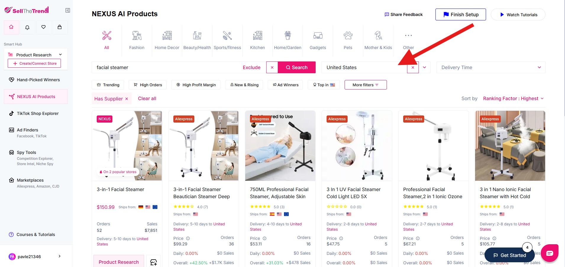 Sell The Trend NEXUS AI Products search for facial steamers with the United States selected as the target market