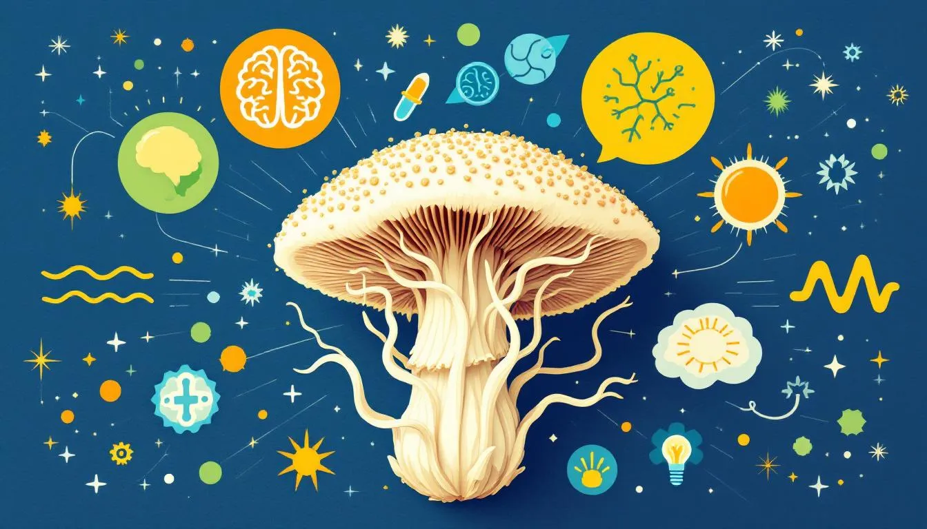 Health benefits of lion's mane mushroom illustrated through a vibrant image.