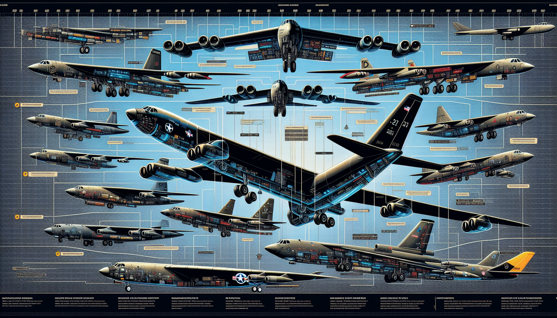 An illustration depicting the evolution of the B-52 Bomber over the decades.