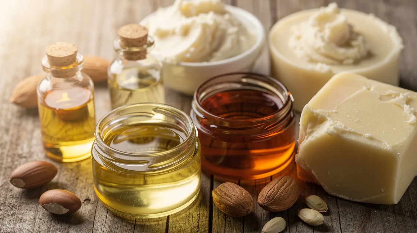 A close-up image shows various natural oils and butters in clear glass containers, arranged on a rustic wooden surface. This display highlights the ingredients commonly used by soap makers for crafting liquid soap and other skincare products, emphasizing the importance of selected oils and their properties in the soapmaking process.