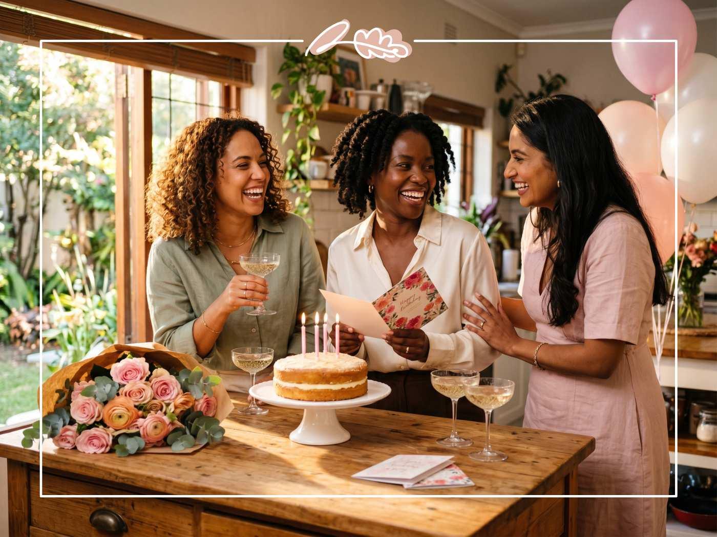 Three South African friends laughing together at a 30th birthday celebration with a pink rose bouquet from Fabulous Flowers, vanilla cake and sparkling wine