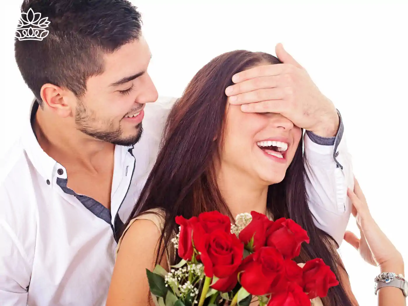 A man surprising a woman by covering her eyes, holding a bouquet of red roses. Fabulous Flowers and Gifts. Flower Delivery to Cape Town Collection.