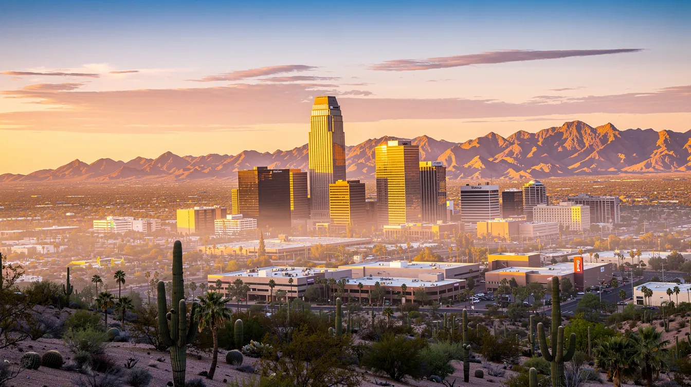 The image captures a stunning sunrise over the Phoenix, Arizona cityscape, with majestic mountains rising in the background. The warm hues of the sky illuminate the buildings, creating a beautiful scene that embodies the spirit of growth and opportunity, reminiscent of the thriving women-owned businesses in the area.