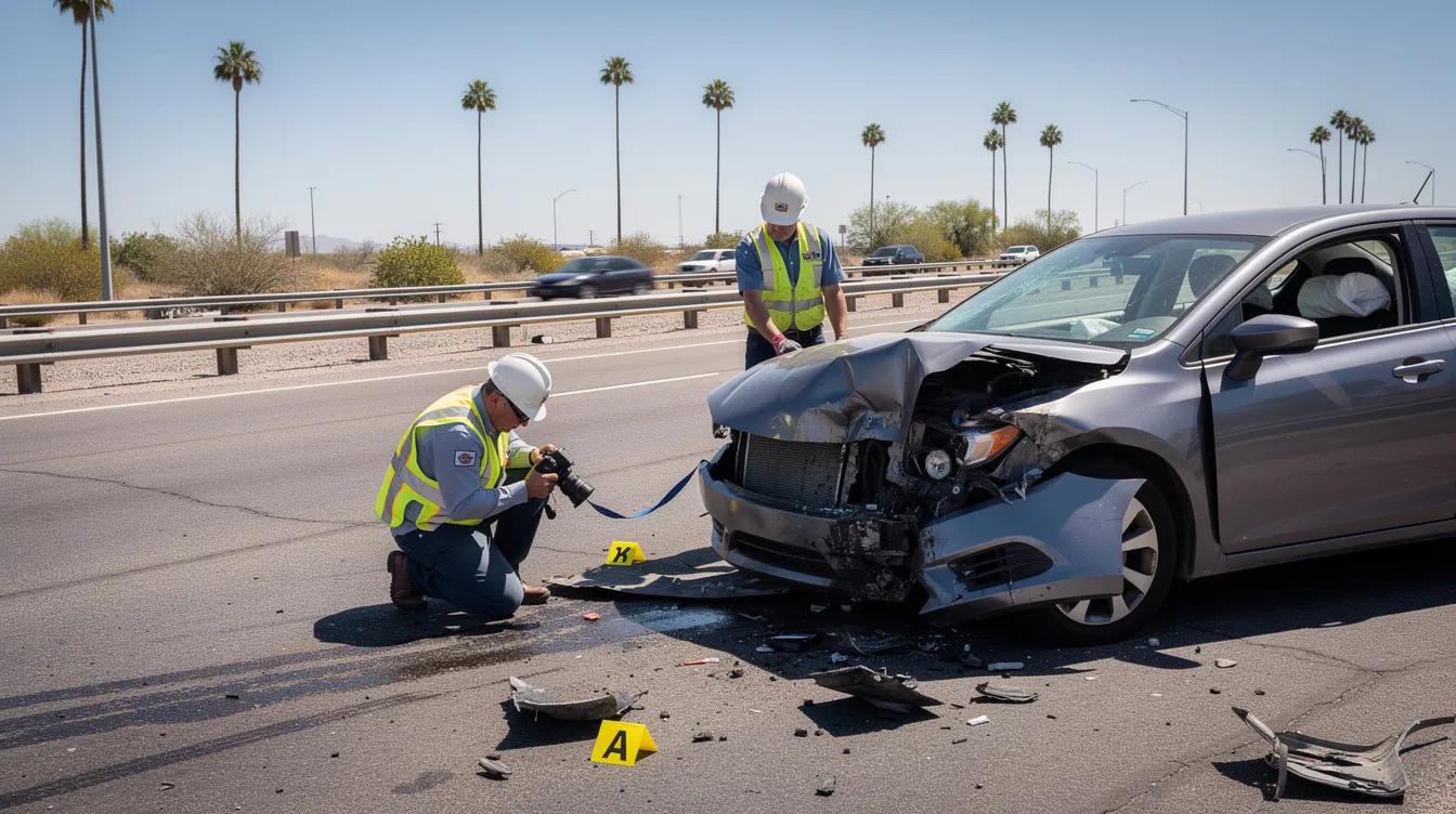 In a bright Arizona setting, accident investigators are meticulously examining a damaged car on a Phoenix roadway, with one specialist documenting the vehicle's damage using a camera and placing evidence markers nearby. Palm trees and a desert landscape provide a vivid backdrop as they assess the scene of this car accident, highlighting the importance of thorough documentation for personal injury claims.
