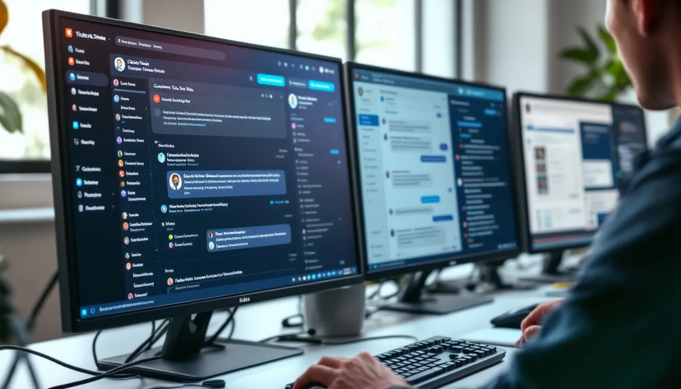 Das Bild zeigt verschiedene Interfaces von Ticketsystemen auf Computerbildschirmen, die Informationen zu Kundenanfragen, Support-Tickets und Live-Chats darstellen. Die Benutzeroberflächen sind darauf ausgelegt, die Effizienz im Kundensupport zu erhöhen und eine benutzerfreundliche Verwaltung von Anfragen zu ermöglichen.