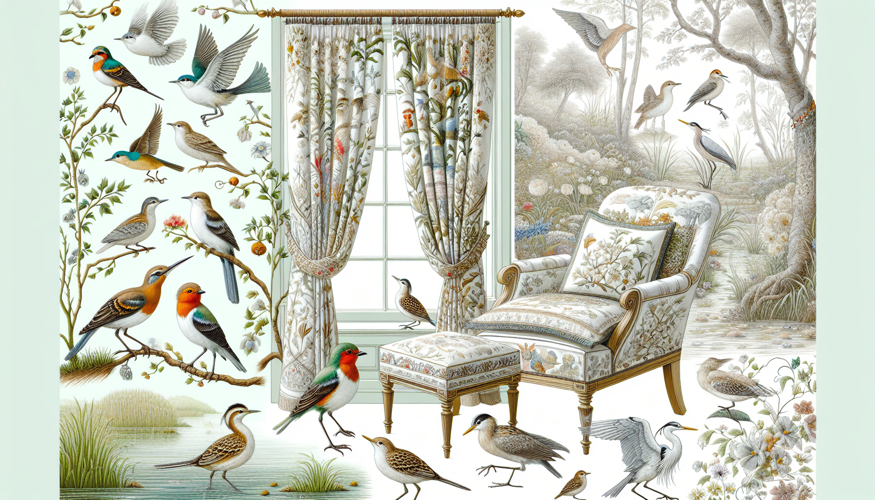 Textiles and fabrics with bird motifs including embroidered curtains and patterned bedding