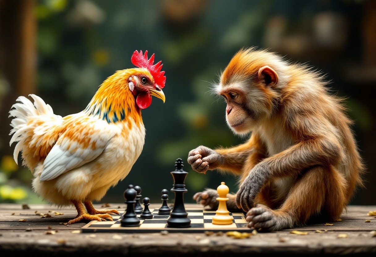 A chicken playing chess with a monkey.