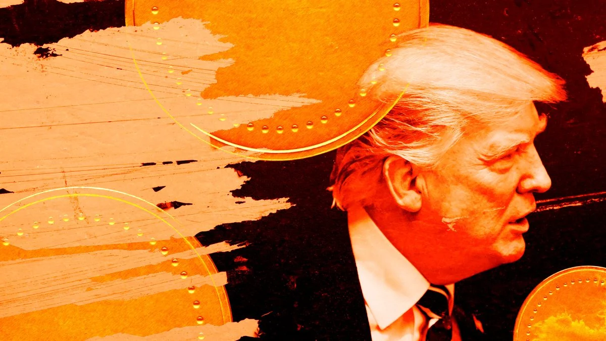 Illustration of Donald Trump in a suit with orange background and gold coins